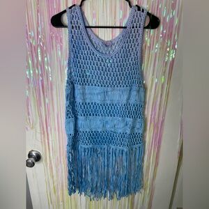 Ember Size XL Hand dyed Blue Crochet Macrame Tank Top With Fringe bottom